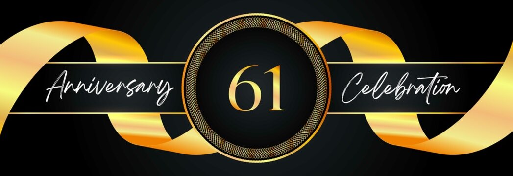 61 years anniversary celebration with frame and gold ribbon for a birthday party, wedding, magazine, brochure poster, banner, ceremony, and greeting card. 61th Anniversary logo design vector.