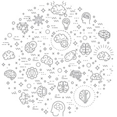 Simple Set of brain Related Vector Line Illustration. Contains such Icons as memory, mind, light bulb, brainstorming, human brain, psychology, thinking and Other Elements.