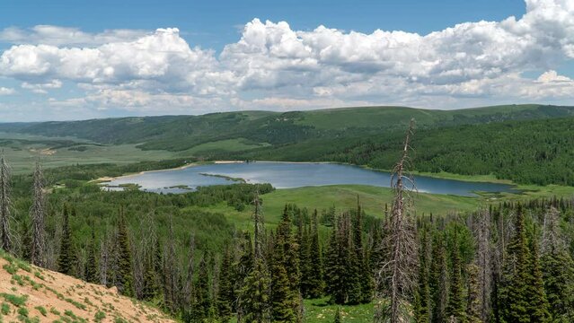 Time lapse of Fairview Lakes in green mountain landscape in Utah from Skyline Drive.