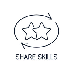 Two stars and exchange arrows. Share skills. Vector linear icon isolated on white background.