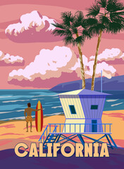 Fototapeta premium California Retro Poster. Lifeguard house on the beach, surfer, palm, coast, surf, ocean. Vector illustration vintage