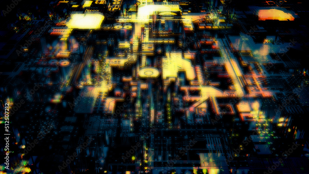 Poster yellow grunge shining cyberpunk technological digital background - abstract 3d rendering