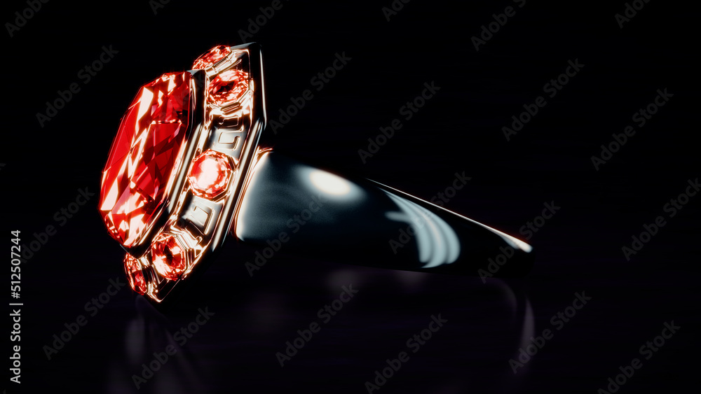 Aufkleber dark silver ring with red ruby gem stones, isolated, fictive design - object 3d rendering