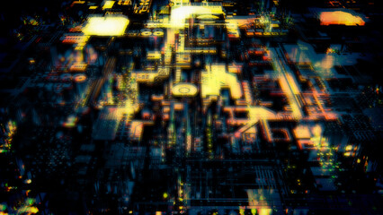 Yellow grunge shining cyberpunk technological digital background - abstract 3D rendering