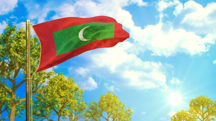 flag of Maldives at sunny day, good life symbol - nature 3D illustration