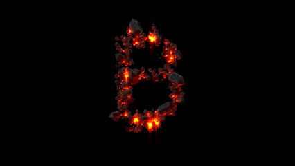 bitcoin sign made of very hot magma stones on black, isolated - object 3D illustration