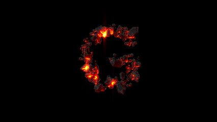 letter G made of very hot lava rocks on black, isolated - object 3D rendering