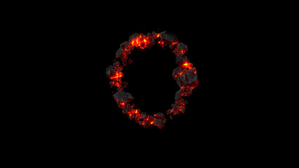 Fototapeta premium letter O made of very hot fire stones on black, isolated - object 3D illustration
