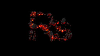 rupee symbol made of very hot burning rocks on black, isolated - object 3D illustration