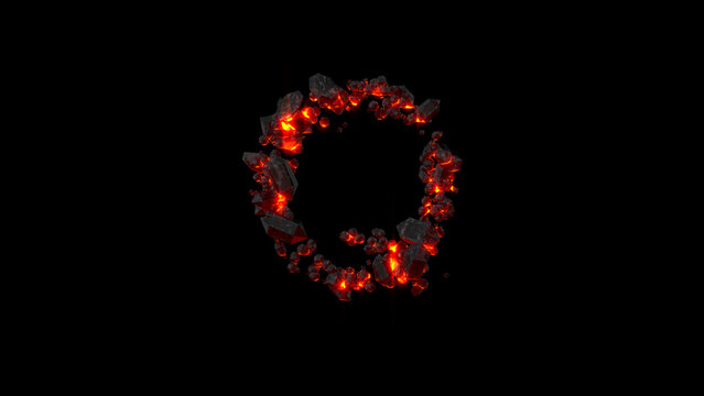 letter Q made of very hot burning rocks on black, isolated - object 3D rendering
