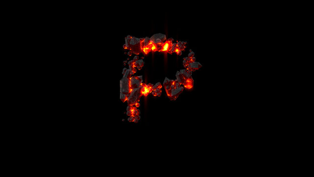 letter P made of very hot burning stones on black, isolated - object 3D rendering