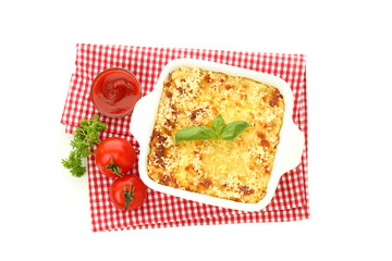 Lasagna isolated on white background, top view