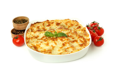 Lasagna and ingredients isolated on white background