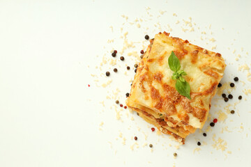 Concept of delicious food, lasagna, space for text