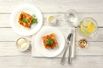 Concept of delicious food, lasagna, top view