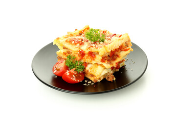 Plate with Lasagna isolated on white background