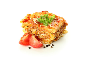 Lasagna isolated on white background, close up