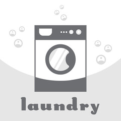 Laundry logo concept in gray. Icon washing machine with bubbles for business clothes wash cleans. Modern template for your design. EPS10.