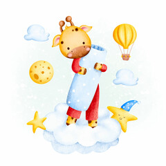 Watercolor baby giraffe wearing pajama and holding bolster on the cloud