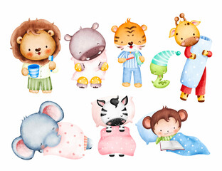 Watercolor set of baby safari animals bedtime 