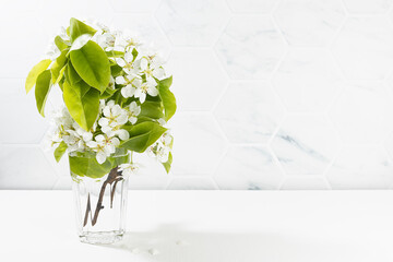 Spring fresh bouquet with white blooming apple tree branch in transparent glass vase as elegant...