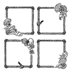 A set of nautical frames. Rope with seashells and starfish, hand-drawn doodle in sketch style. Rope with knots. Sea creatures. Summer. Ocean. Templates for photos, social media and posters.