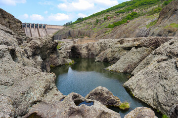 Dam wall on a concrete dam on the Arda's River in Bulgaria.