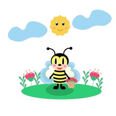 Obraz na płótnie Canvas Cute bee with a basket of flowers in a flower meadow. Vector flat cartoon illustration. 