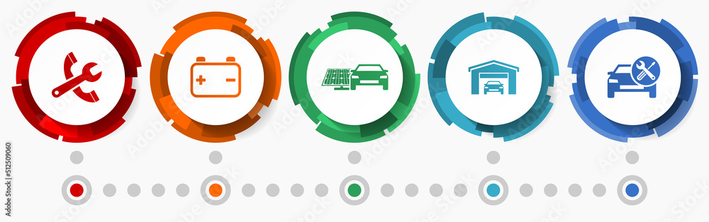 Poster car serivce concept vector icon set, workshop flat design web buttons, infographic template