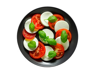Caprese, Italian appetizer on dark gray plate, isolated on white background with clipping path.
