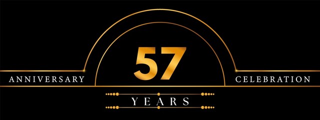 Naklejka premium 57 Anniversary Celebration Circle Gold Number Template Design. Poster Design For magazine, banner, happy birthday, ceremony, wedding, jubilee, greeting card and brochure.