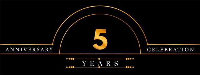 Naklejka premium 5 Anniversary Celebration Circle Gold Number Template Design. Poster Design For magazine, banner, happy birthday, ceremony, wedding, jubilee, greeting card and brochure.
