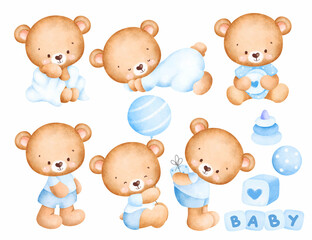 Set of Watercolor cute baby boy bear  - obrazy, fototapety, plakaty