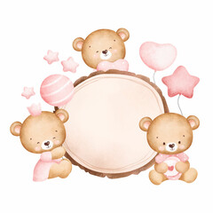 Cute baby teddy bears and wooden board 