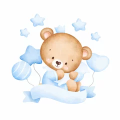Fotobehang Cute baby teddy bear and balloons © Stella