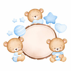 Cute baby teddy bears and wooden board