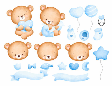 Set of Watercolor cute baby boy bear 