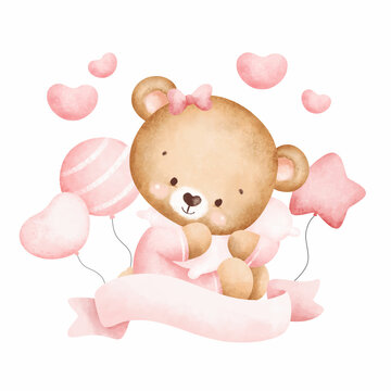 Cute baby teddy bear and balloons