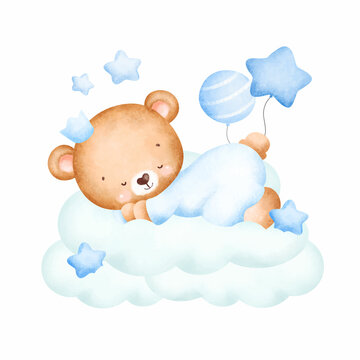 Cute Baby Teddy Bear Sleeping On The Cloud