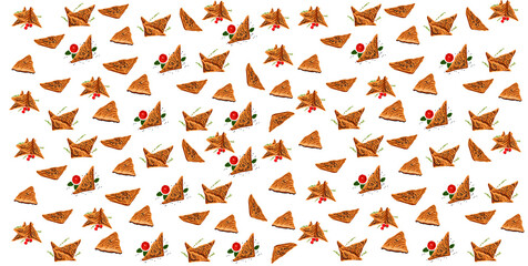 Fototapeta premium Many tasty samsas on white background. Pattern for design