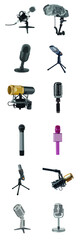 Set of different modern microphones on white background