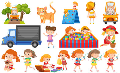 Set of cute kids and objects