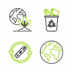 Set line Earth globe, Battery with recycle symbol line, Recycle bin and and plant icon. Vector