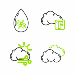 Set line Cloud, Windy weather, Fahrenheit and cloud and Water drop percentage icon. Vector