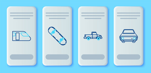 Set line Skateboard, Pickup truck, Train and Car icon. Vector
