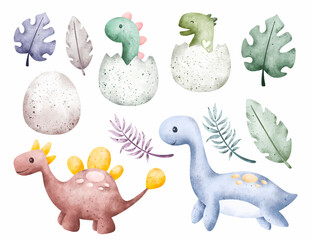 Watercolor set of cute dinosaurs 
