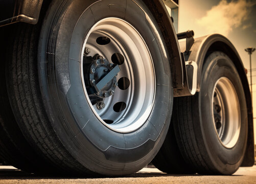 Big Semi Truck Wheels Tires. Rubber, Vechicle Tyres. Freight Trucks Transport.	
