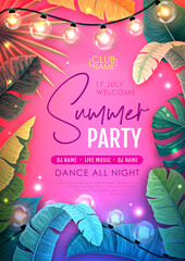 Summer disco party poster with tropic leaves and string of lights. Summer background. Vector illustration - obrazy, fototapety, plakaty