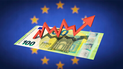 Steigender Graph auf Euroschein mit Euroflagge im Hintergrund