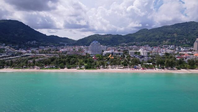 Phuket Patong beach top down view from drone camera, Beautiful patong beach Phuket Thailand Amazing sea beach sand tourist travel destination in the andaman sea Beautiful phuket island